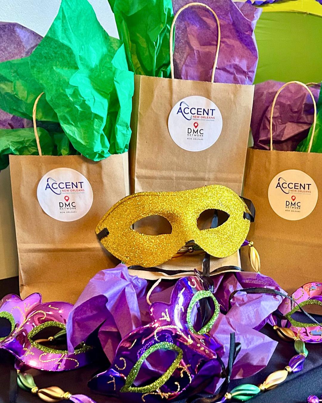 Mardi Gras mask-making supplies and gift bags prepared for a New Orleans corporate team building workshop with ACCENT New Orleans.